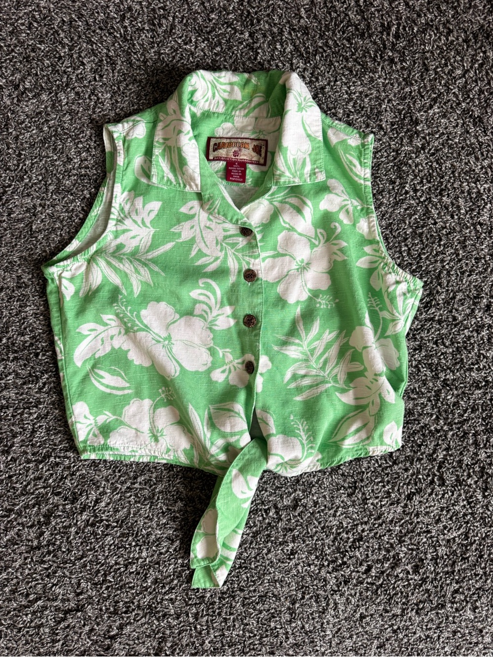 Caribbean Joe Rayon  Green White Tropical Floral Button Tie Waist Crop Collar S